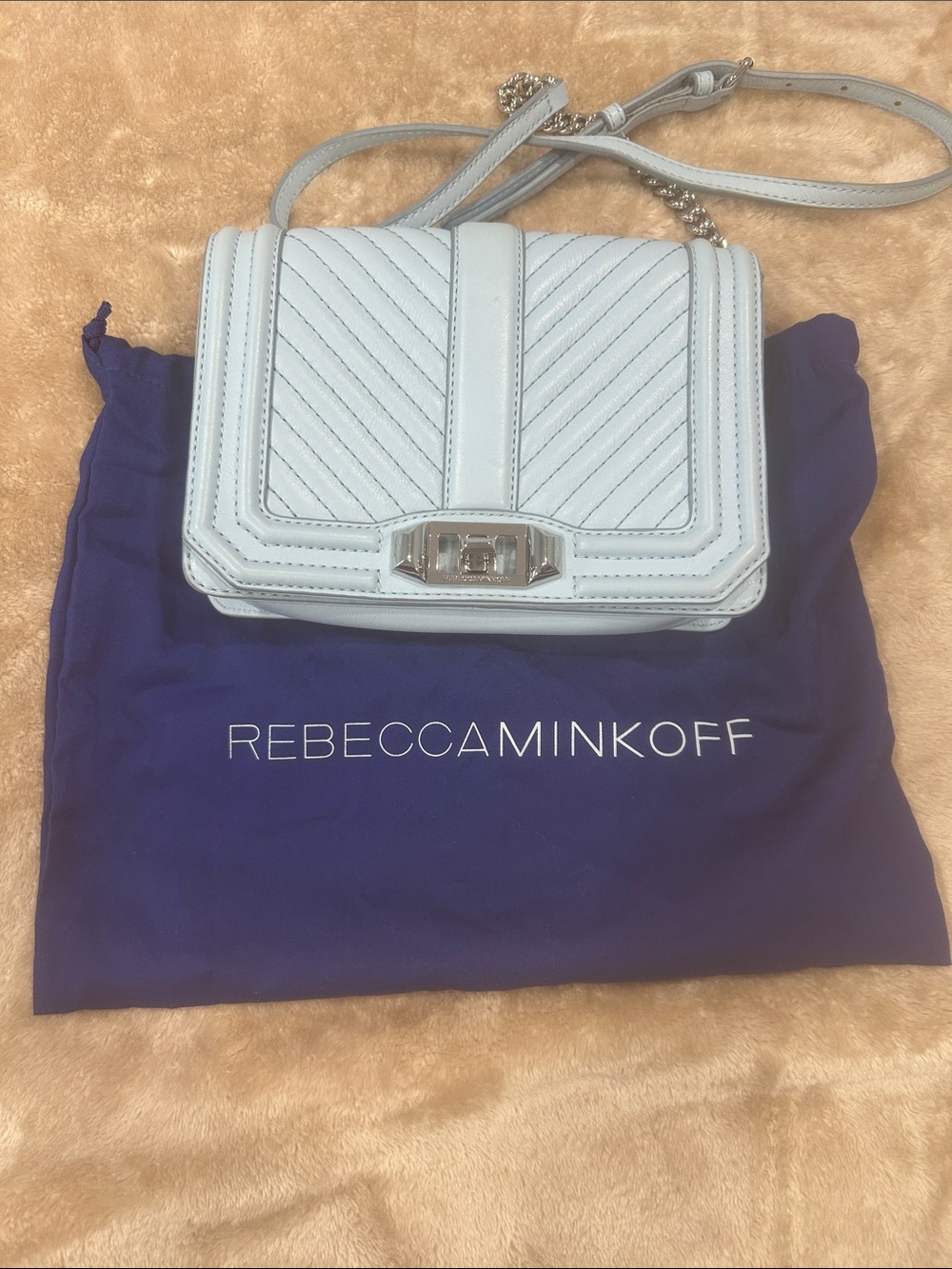 Rebecca Minkoff Chevron Quilted Chain Strap Crossbody Bag Sample blue summer - Picture 15 of 16